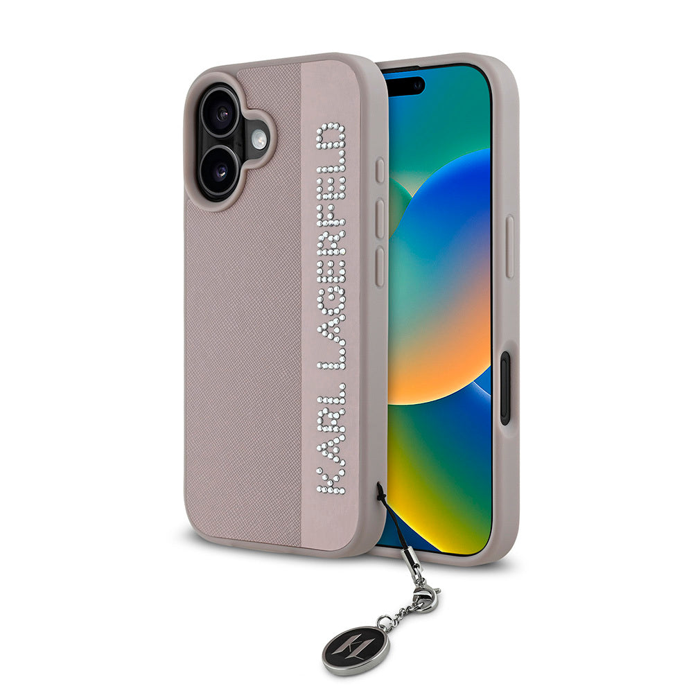 Stony Saffiano Rhinestones iPhone 16 Anahtarlıklı KL Scribe Kılıf