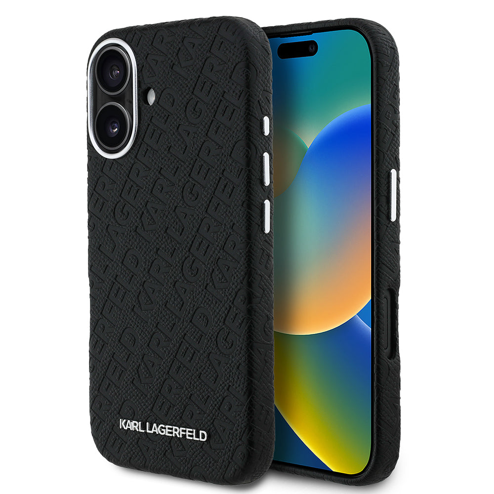 PU Deri Damgalı Metal Yazı iPhone 16 Logotype Kılıf