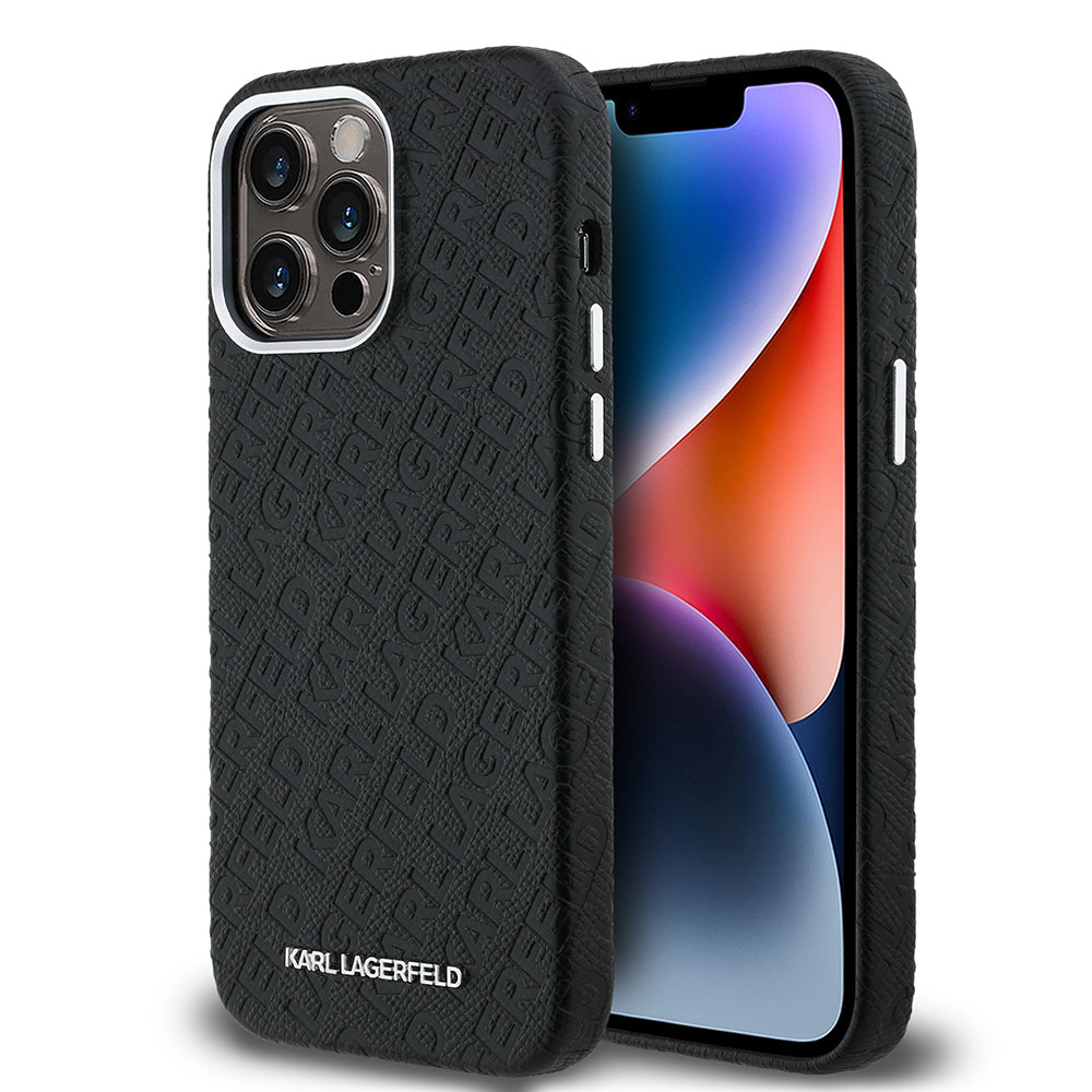 PU Deri Damgalı Metal Yazı iPhone 14 Pro Max Logotype Kılıf