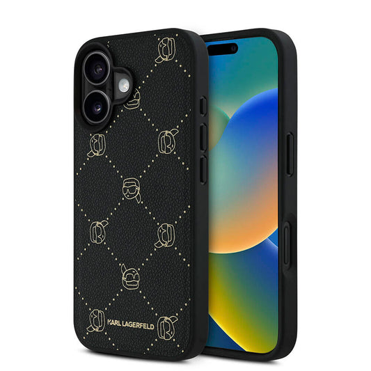 iPhone 16 Magsafe Uyumlu PU Deri Karl Heads Desenli Klasik Logotype Kılıf