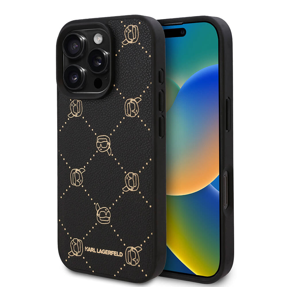 Magsafe Uyumlu PU Deri Karl Heads Desenli Klasik Logotype iPhone 16 Pro Kılıf