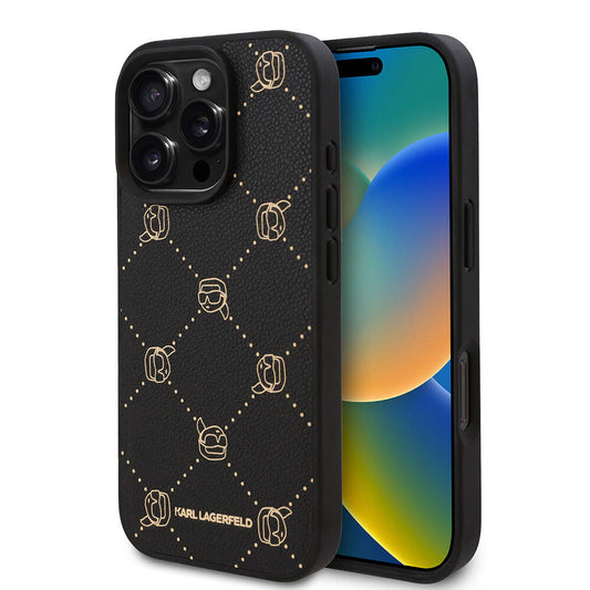 Magsafe Uyumlu PU Deri Karl Heads Desenli Klasik Logotype iPhone 16 Pro Max Kılıf