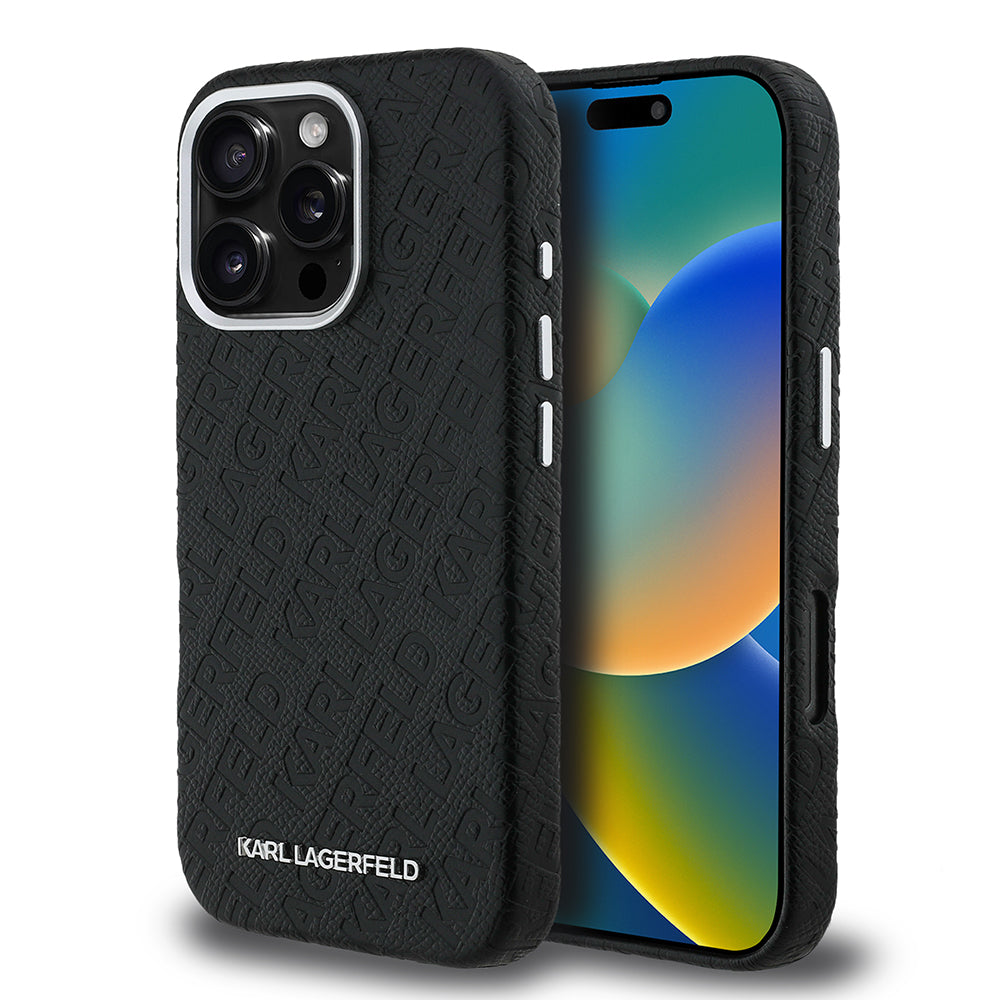 PU Deri Damgalı Metal Yazı iPhone 16 Pro Logotype Kılıf